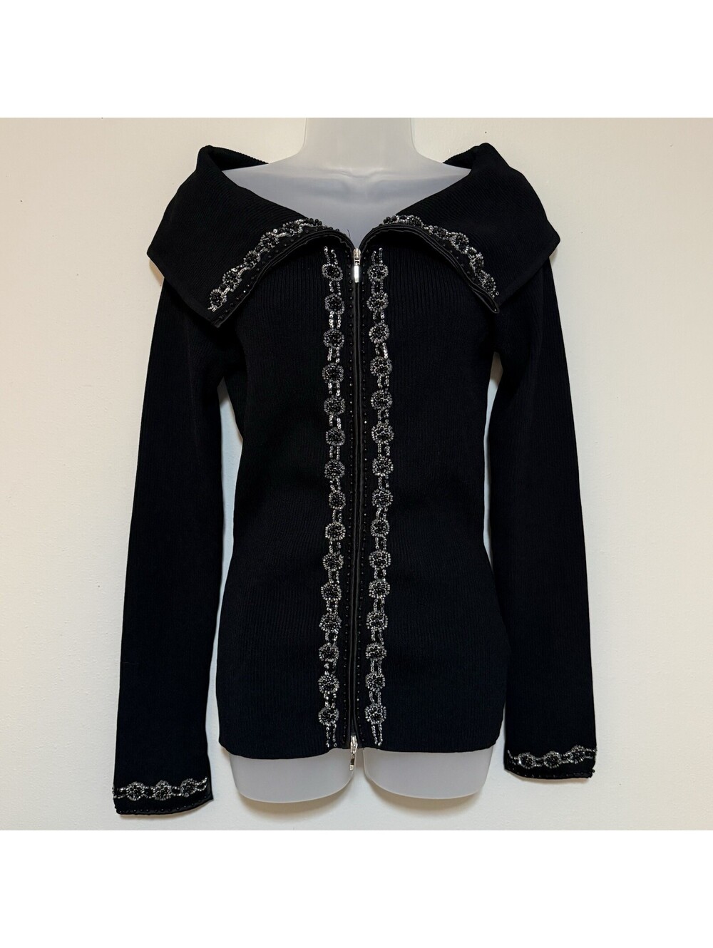 Vintage Y2K 90s Black Gabrielle Solis Cache Off Shoulder Beaded Zip Up Sweater
